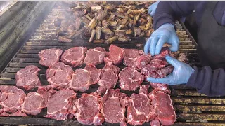 Argentina Street Food. Huge Grills with Beef-Steaks, Ribs, Sausages and more Meat