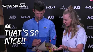 Lovely Moment as Djokovic Gives Flowers to Eurosport's Barbata Schett In Interview | Eurosport