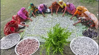 Vegetables Mixed Rare Tiny River Fish Cooking By Village Women - Tasty River Fish Dry Curry Recipe