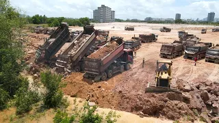 Part.118| Hard To Process Strongly Komatsu Dozers Filling Up Stone With Dump Trucks Operators