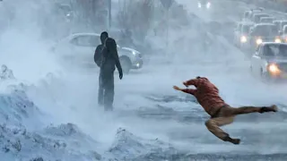 Severe Wind KNOCKED People Down: Snowstorm in Vladivostok, Russia winter.   Natural Disasters