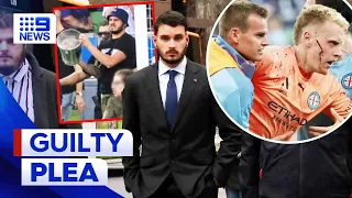 Football hooligan who injured A-League player with bucket pleads guilty | 9 News Australia