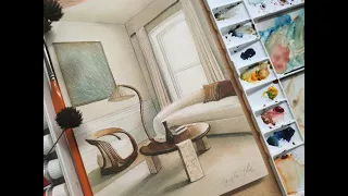living room  Interior Rendering Watercolor DIỄN HOẠ NỘI THẤT
