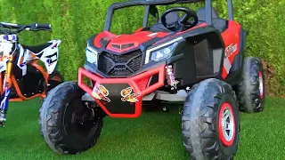 Artem Plays Toys Tractor Ride on Sportbike Bike stuck in the sand Using kids Tractor to help bike