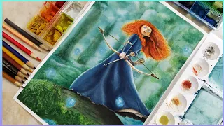 painting MERIDA from BRAVE| watercolor & color pencils/ disney Princess drawing