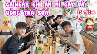 Thử Thách Cả Ngày Chỉ Ăn Mì Cay Và Uống Trà Sữa - Tô Tượng - Tắm Hồ Bơi #trangandvinh