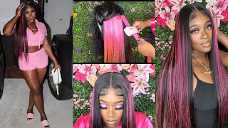 PINKTOBER💕Cancer Awareness Pink Faux Highlights w/Black Hair| Body Wave to Silk press💕Unice Hair💕