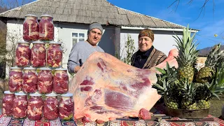COOKING TUSHONKA FROM A HUGE BULL LEG! CANNED STEWED BEEF MEAT THAT CAN STORED YEARS | RURAL LIFE