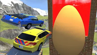 Crazy Vehicle High Speed Jumps Over Giant EGG Through Red Slime Water Wall - BeamNG.drive Jumps