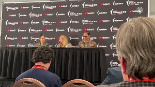 @LVAces coach Becky Hammon, Kelsey Plum, and A'Ja Wilson #WNBA finals game 1 post-game interview