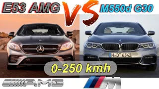 Mercedes E53 AMG vs BMW M550d G30 | 457 HP Turbo vs 400 HP Quad-Turbo DIESEL | 0-100 + 0-200 + 0-250