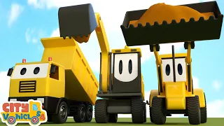 Construction vehicles assemble fire truck; roller and mixer trucks for kids