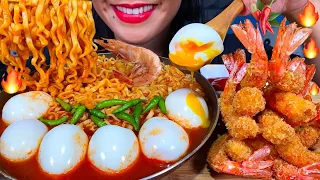 ASMR SOUPY SPICY NOODLES, SOFT BOILED EGGS, FRIED SHRIMPS, CHILI MASSIVE Eating Sounds