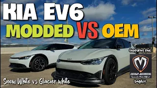 Kia EV6 comparison: Stock/OEM (Snow White) vs modified M&S bodykit/splitters/wheels (Glacier White)