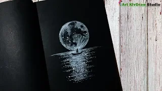 Drawing Moonlight with White pencil on black paper Step by step