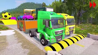 Double Flatbed Trailer Truck vs Speedbumps Train vs Cars Beamng.Drive #144 carry Nissan  , XC40