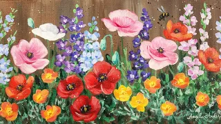 Flower Garden with Bees, Poppies and Larkspur Acrylic Painting LIVE Tutorial