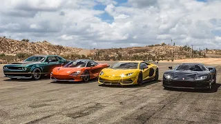 Forza Horizon 5 Drag race: Koenigsegg CC8S vs Aventador SVJ vs McLaren 720S vs Dodge Demon (940hp)