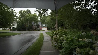 Walking American Neighborhood in the Rain and Thunder | Nature Sounds for Sleep and Study