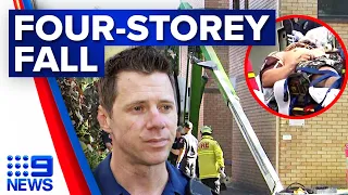 Man falls four storeys from cherry picker onto concrete in Sydney | 9 News Australia