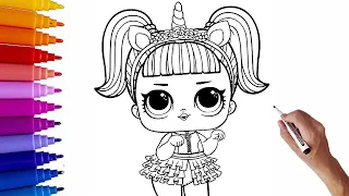 Drawing and Coloring LOL Surprise Doll - cute unicorn | How to draw LOL Doll