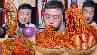 Mukbang food | Eating Onions with Pork, Spicy Cabbage, Noodles Sauce And Hot dog