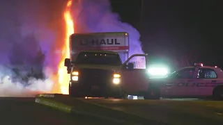 Raw video: Chase near Westpark Tollway ends with U-Haul engulfed in flames, police say