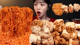 Crispy Cheese Seasoning Chicken and Onion Chicken with Spicy Buldak Noodles Mukbang Asmr
