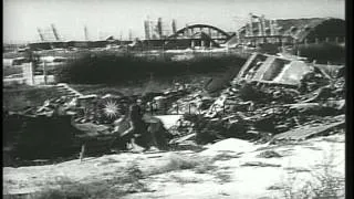 Wrecked aircraft and damaged hangars at the Reims airport after Allied bombings d...HD Stock Footage