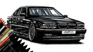 Realistic Car Drawing - BMW E38 7-Series - Time Lapse - Drawing Ideas