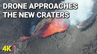 Two Craters Erupting now. Northern cone is a twin crater. Drone explores the eruption area. 4K 03.06