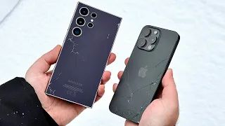 iPhone 15 Pro Max vs. Galaxy S24 Ultra - DROP TEST. Слово Вилсакома - самсунг на асфальте