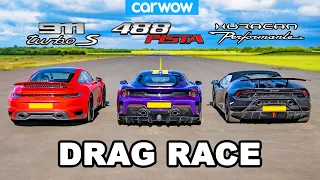 Porsche 911 Turbo S vs Ferrari 488 Pista vs Lamborghini Huracán Performante - DRAG RACE