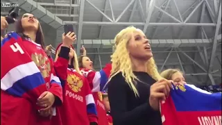 Russian fans in audience men's hockey final PyeongChang2018 defiantly sing Russian anthem!