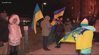 Demonstrators gather outside the Russian embassy to show support for Ukraine