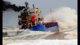 Large Ships Crash on Waves In Terrible Storm