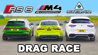 BMW M4 v Audi RS6 v Alfa Stelvio QV: DRAG RACE