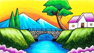 How to Draw Easy Scenery of Mountain, Bridge and River Step by Step | Simple Nature Scenery Drawing