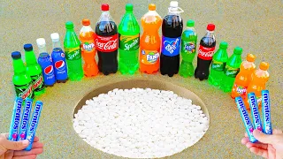 Different Fanta Cans and Coca Cola, Pepsi, Sprite & Mtn Dew VS Mentos in Big Underground