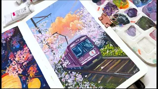 🌸 Gouache painting- Cherry Blossom train in Japan🌸