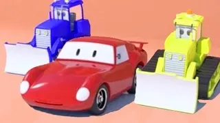 2 buldozery a závodní auto Spid, Animák pro děti jako Blesk McQueen z Aut