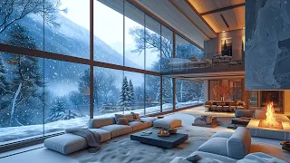 Relaxing Winter Jazz - Cozy Living Room Ambience with Unwind Smooth Jazz, Snowfall and Fireplace