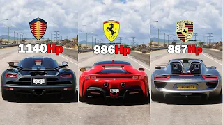 FH5 Drag Race - Koenigsegg Agera Rs Vs Ferrari SF90 Stradale Vs Porsche 918 Spyder