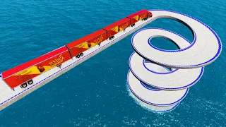 Long Mack Truck VS Impossible Spiral Bridge Crossing Cars Vs Deepwater- BeamNG.Drive