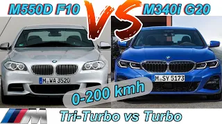 NEW BMW M340i G20 vs M550d F10 | 374HP i6 Turbo vs 381HP i6 Tri-Turbo | 0-100 + 0-200 kmh (250 km/h)