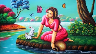 Painting of a Beautiful Indian village girl with matka | village nature drawing