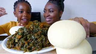 enjoying spinach soup with fufu with my princess/ Nigerian food mukbang