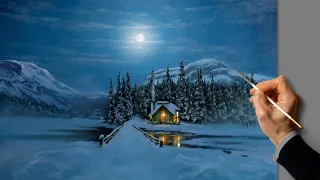 Acrylic Landscape Painting - Full Moon Winter / Easy Art / Drawing Lessons / Satisfying Relaxing.