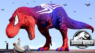 Dinosaur Spiderman T-Rex vs Rexy vs Indoraptor Breakout & Fighting Dino Jurassic World Evolution