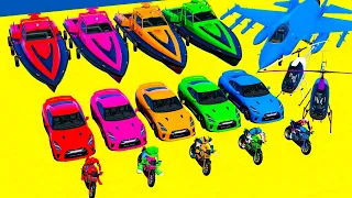 GTA V Mega Ramp Boats, Cars, Motorcycle with Trevor and Friends New Stunt Map Challenge